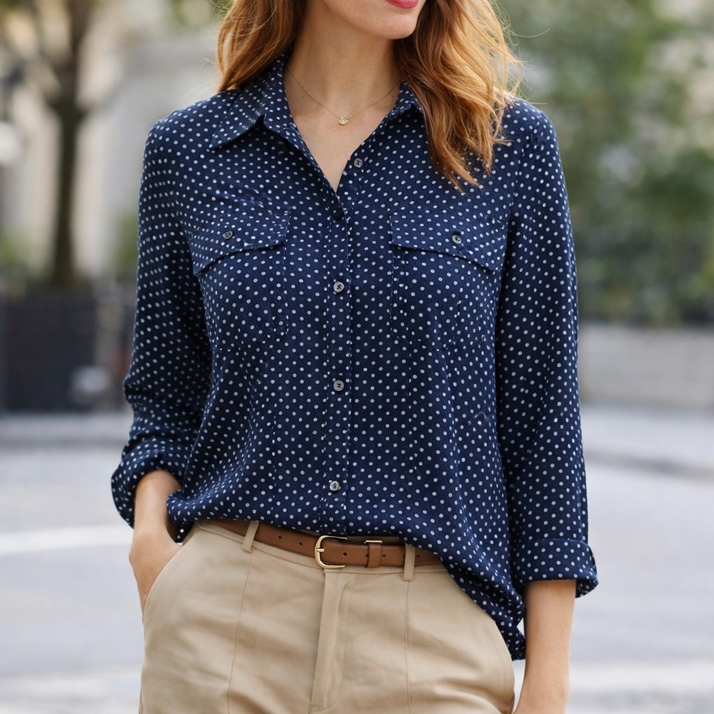 Van Heusen Originals Women’s Navy Polka Dot Button Down Blouse Officewear | L